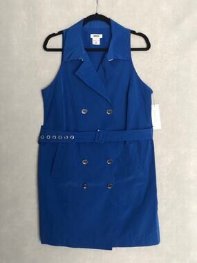 DKNY Tech Tafetta Sheath Dress Belted Sleeveless Mini Blue Women's 14P NEW